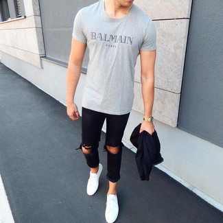 Как носить черный бомбер с белыми низкими кедами мужчине