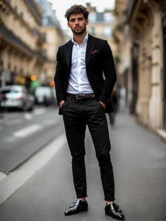 Какие монки с двумя ремешками носить с черными брюками чинос