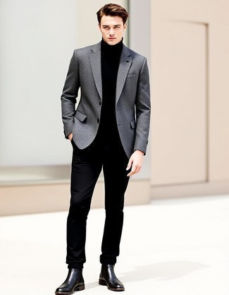 Как носить черные брюки чинос с серым шерстяным пиджаком