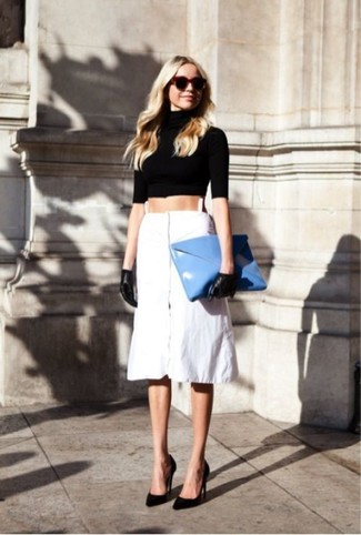 Какие юбки-миди носить с черным коротким свитером