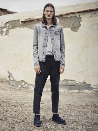 Какие джинсовые куртки носить с черными ботинками дезертами