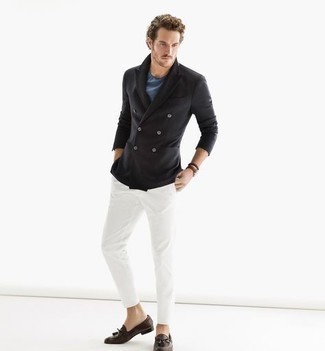 Как носить черный двубортный пиджак с белыми брюками чинос