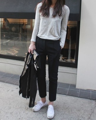 Какие косухи носить с черными классическими брюками женщине