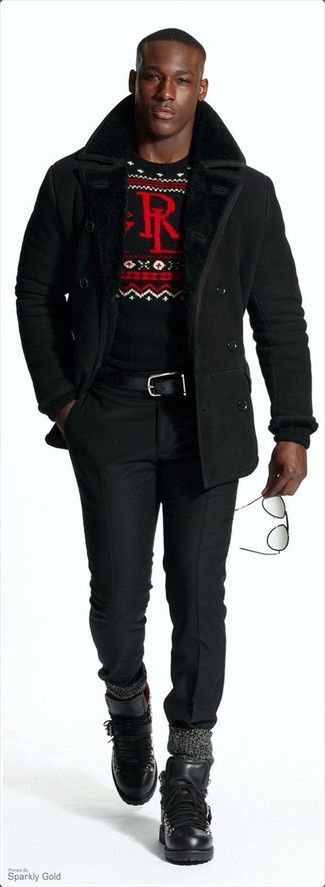 С чем носить черный свитер с жаккардовым узором мужчине