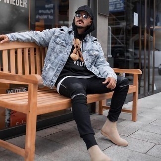 Какие джинсовые куртки носить с черным худи мужчине