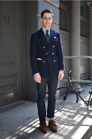 Какие двубортные пиджаки носить с черными джинсами мужчине