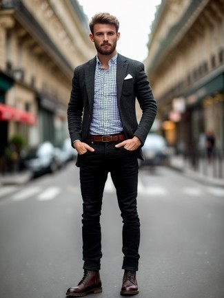 Как носить черные джинсы с серым пиджаком мужчине