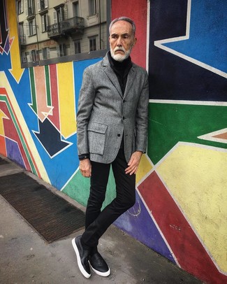 Как носить черные джинсы с серым пиджаком мужчине