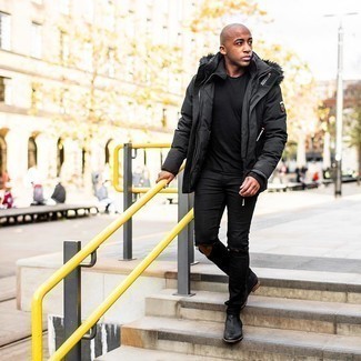 Какие парки носить с черными джинсами мужчине