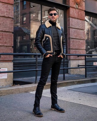 Какие короткие дубленки носить с черными джинсами мужчине