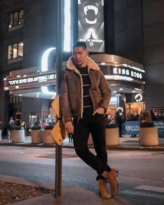 Какие короткие дубленки носить с черными джинсами мужчине