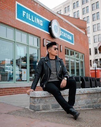 Как носить черную кожаную косуху с черными джинсами мужчине