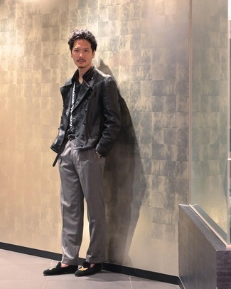 С чем носить черный кожаный двубортный пиджак мужчине