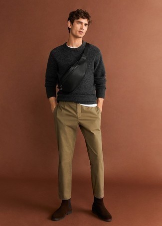 С чем носить черную кожаную поясную сумку мужчине