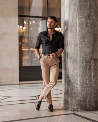 С чем носить черные кожаные лоферы с кисточками