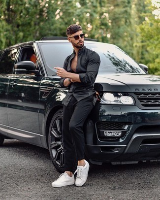 С чем носить черную рубашку с длинным рукавом мужчине