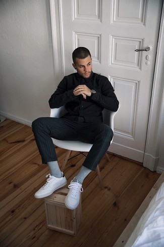 С чем носить черную рубашку с длинным рукавом мужчине