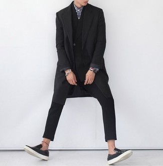 Как носить черное длинное пальто с черным пиджаком