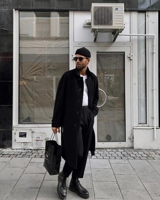 Как носить черное длинное пальто с черными классическими брюками