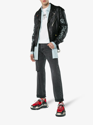 С чем носить черную косуху с принтом мужчине