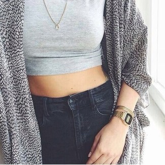 С чем носить черный открытый кардиган с принтом женщине