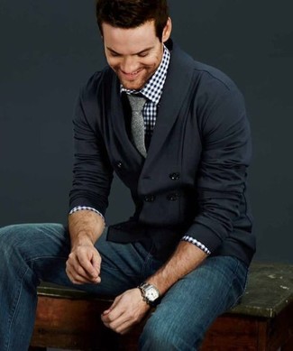 С чем носить черный кардиган с отложным воротником мужчине