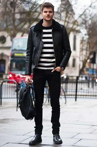 Как носить черную короткую дубленку с черными джинсами мужчине