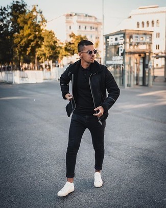 Как носить черную короткую дубленку с черными джинсами мужчине