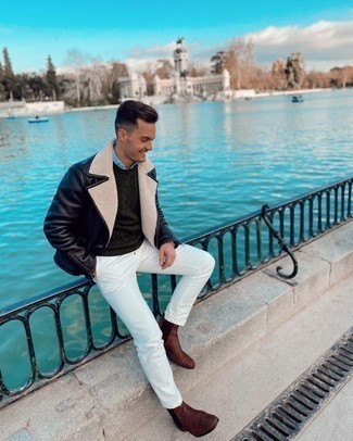 Какие вязаные свитера носить с черной короткой дубленкой мужчине