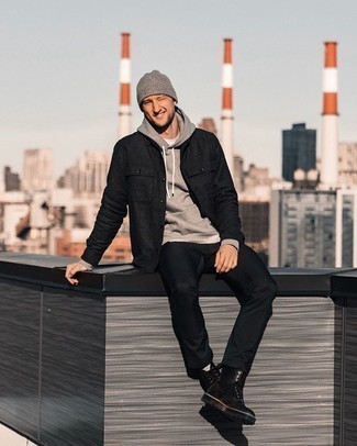 Какой худи носить с черной курткой-рубашкой мужчине