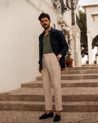 Какие лоферы носить с черной курткой-рубашкой мужчине