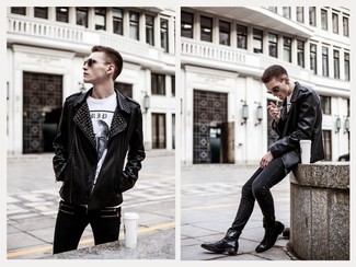 Какие косухи носить с черными зауженными джинсами мужчине