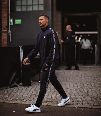 Какие низкие кеды носить с черным спортивным костюмом мужчине