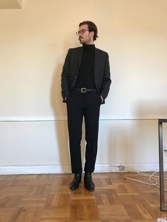 Как носить черную водолазку с темно-серым пиджаком мужчине