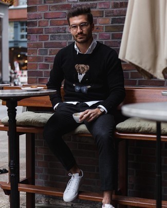 С чем носить черные шерстяные брюки чинос