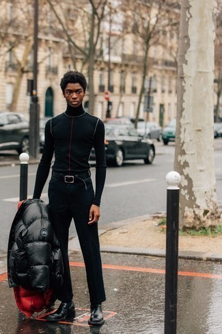 Как носить черную шерстяную водолазку с черной курткой-пуховиком мужчине