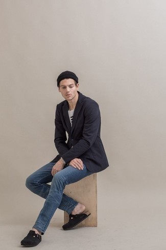 Как носить синий пиджак с синими джинсами мужчине