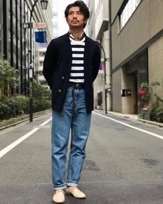 Как носить синий пиджак с синими джинсами мужчине