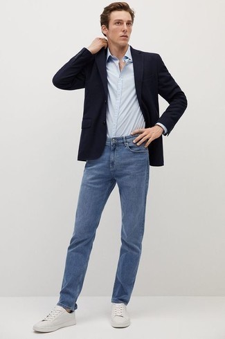 Как носить синий пиджак с синими джинсами мужчине