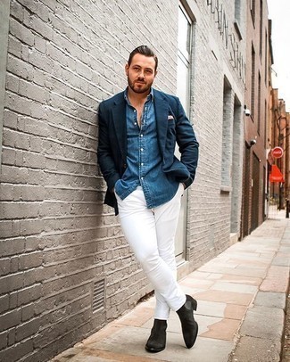 Какие ботинки челси носить с синим пиджаком мужчине