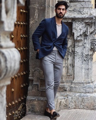Как носить синий пиджак с серыми брюками чинос