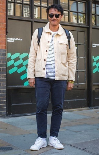 С чем носить синий рюкзак из плотной ткани мужчине