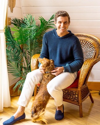 С чем носить синие лоферы из плотной ткани мужчине