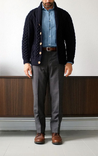 Какие туфли дерби носить с синим кардиганом