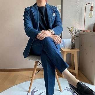 Как носить синий джинсовый пиджак с синими джинсами мужчине