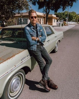 Как носить синюю джинсовую куртку с серыми джинсами мужчине