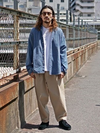 С чем носить синюю джинсовую рубашку мужчине