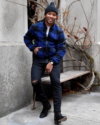 С чем носить синий флисовый бомбер мужчине