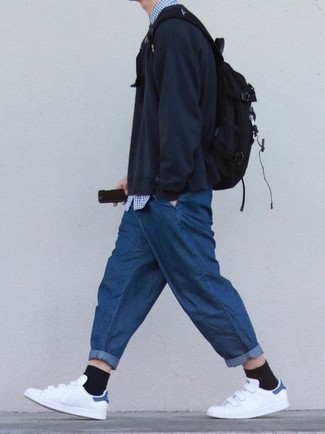 С чем носить синюю рубашку с коротким рукавом в мелкую клетку мужчине