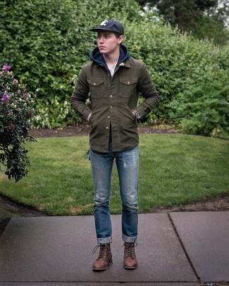 Какие куртки-рубашки носить с синим худи мужчине